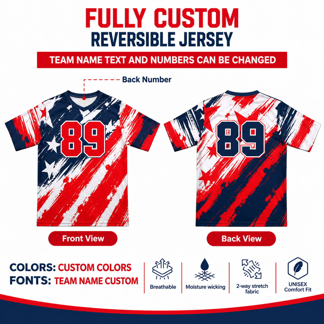 Custom Sublimated Crew Neck Reversible Shirt – Red 1