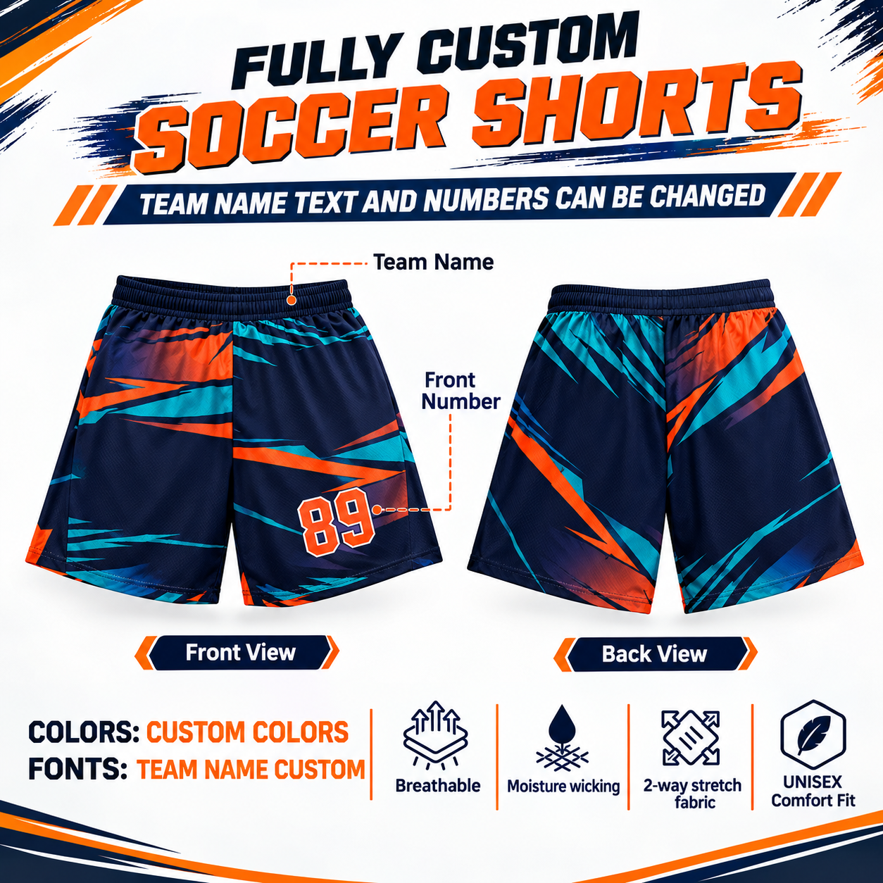 Custom Sublimated Soccer Single Shorts – Navy 1