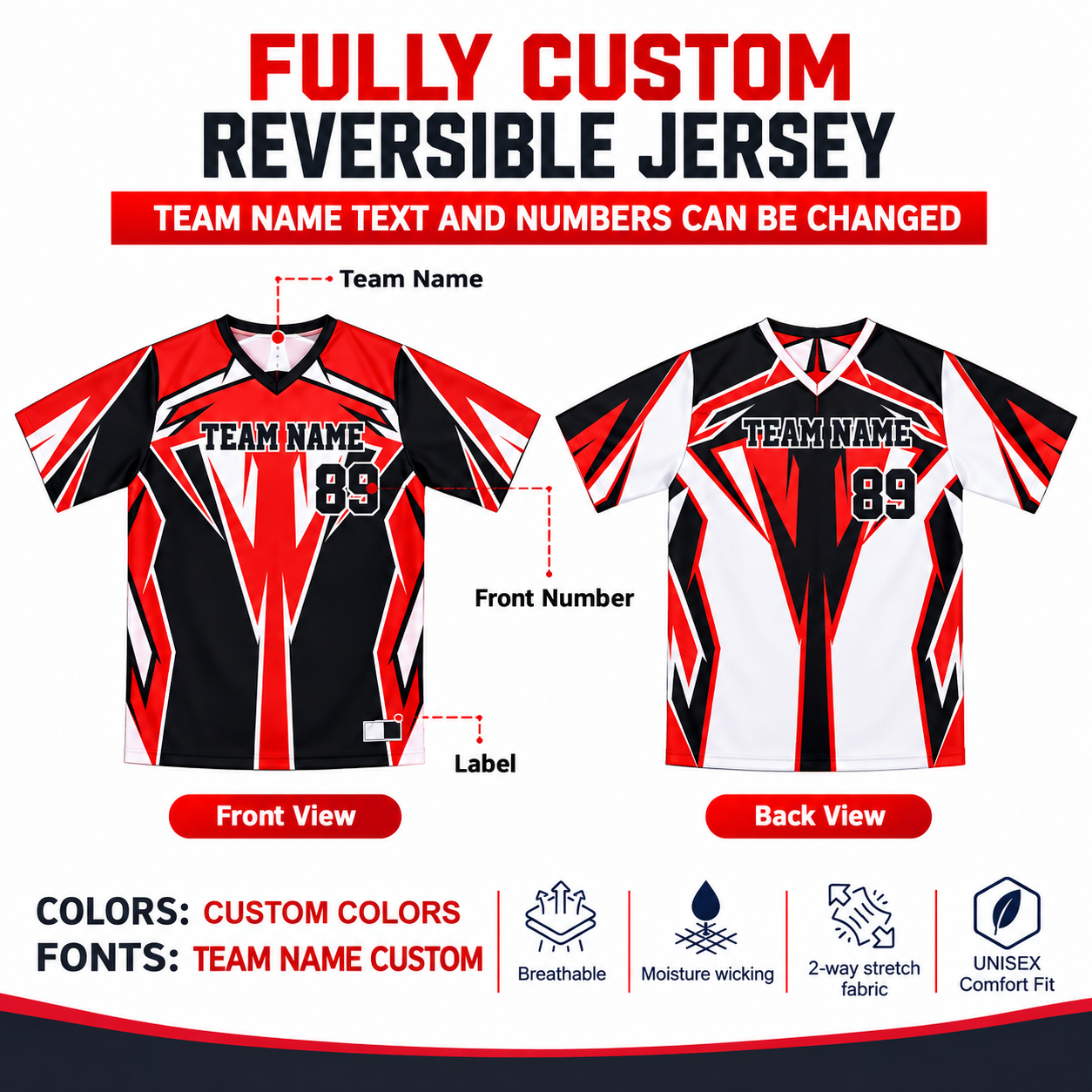 Custom Sublimated V Neck Reversible Shirt – Red Black White 1